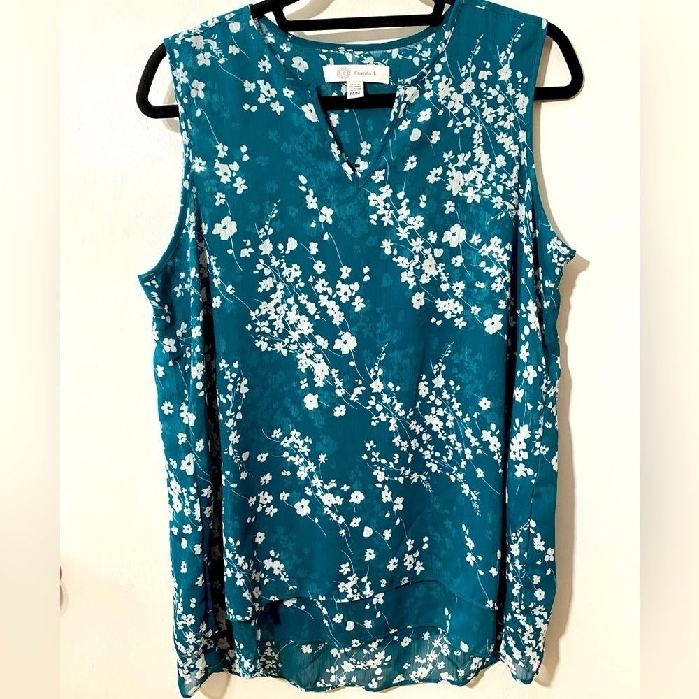 Christina B green shirt blouse semi sheer floral Sz M    L-23